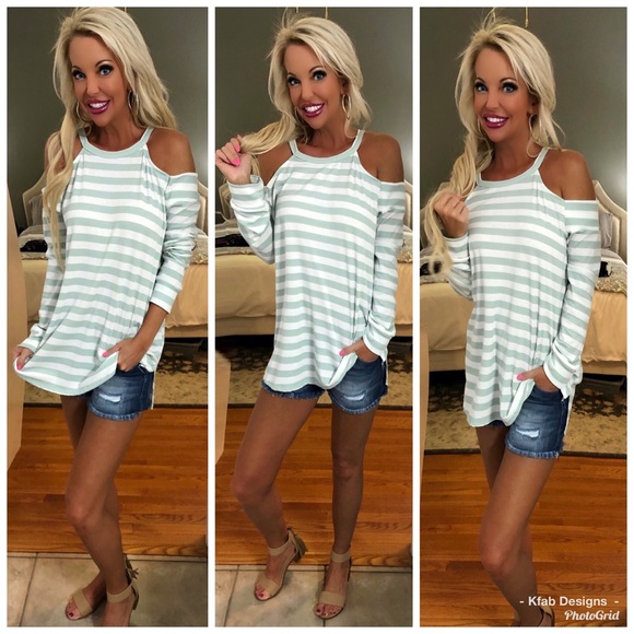 🛍LAST 1! Sage Relaxed Striped Cold Shoulder Top! - Picture 3 of 6